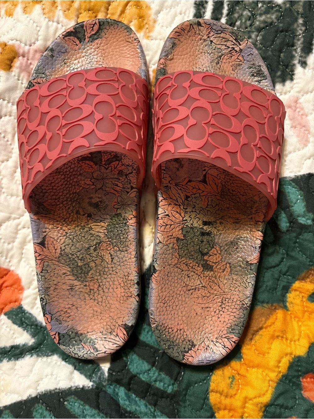 Coach Coral Logo Slide Sandals with Floral Footbed - Women